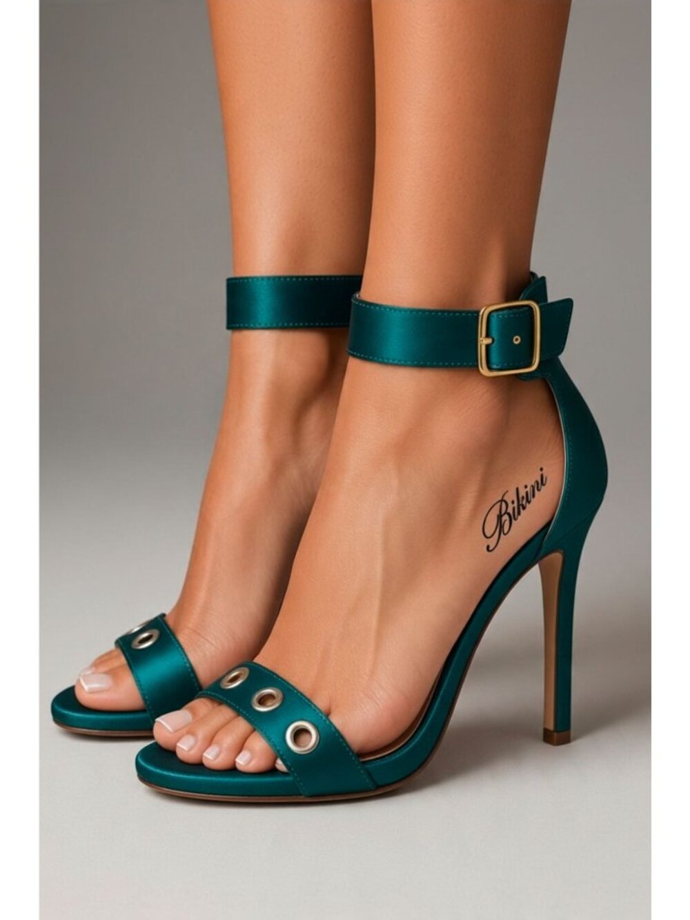 Teal Satin Ankle Strap High Heel Sandals With Buckle & Metal Eyelet Detail